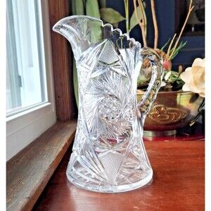 Antique Pitcher ABP Hobstar 9" | Victorian Cut Glass Lemon Water Jug